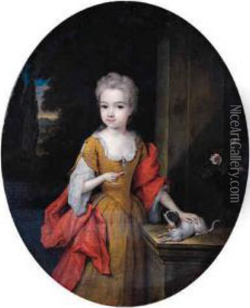 Portrait Of Henriette Bentinck 
(1705-1792), Later Countess Of Clanbrassill, Standing Small 
Three-quarter Length, On A Terrace,wearing A Yellow Silk Dress, Lace 
Chemise And Red Wrap, Holding Abiscuit In Her Right Hand, Her Left Hand 
Resting On Her  Oil Painting - Constantin Netscher