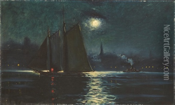 Moonlight, Inner Harbour, Boston Oil Painting - William Barry