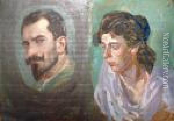 Deux Etudes De Portrait / Academie D'homme Couche Oil Painting - Raphael-Leon Leguilloux