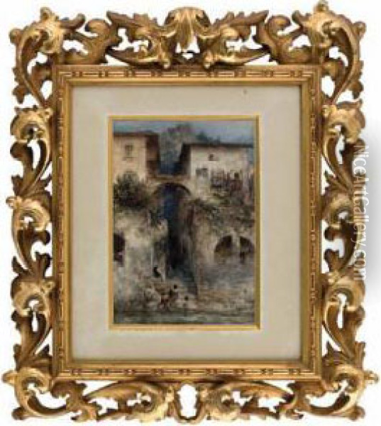 Malerische Italienische Hauser Und Wascherinmit Kind Oil Painting - Albert Hertel