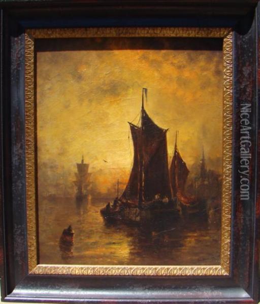 European Twilight Marine View With Boats In A Harbor Oil Painting - George Bunn