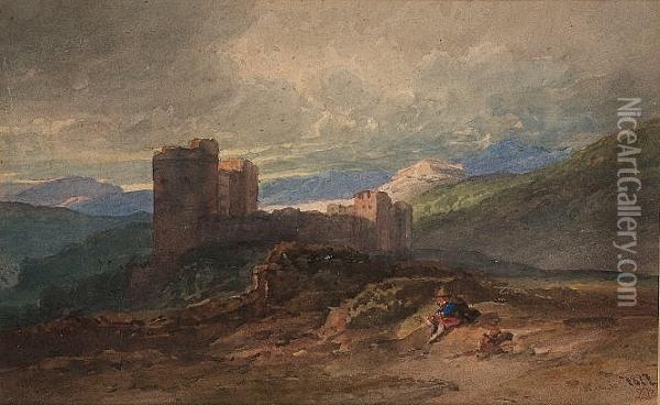 A Seated Figure By A Ruined Castle Oil Painting - William Leighton Leitch