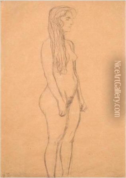 Stehender Madchenakt Im Profil 
Nach Rechts (portrait Of A Standing Female Figure Nude In Profile Turned
 To The Right) Oil Painting - Gustav Klimt