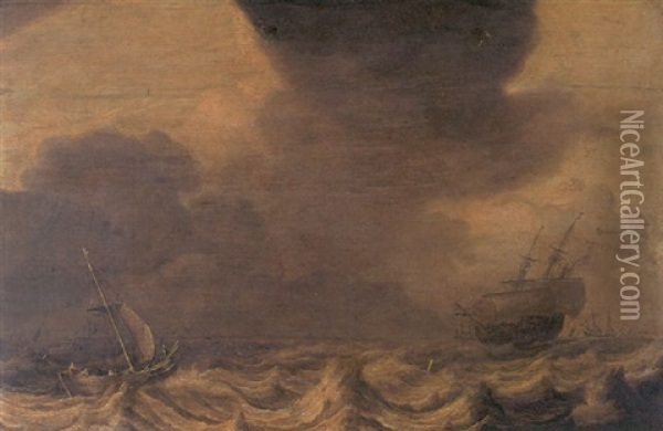 Ships Tossed In A Stormy Sea Oil Painting - Pieter Mulier the Elder