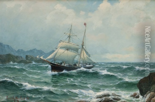 Seilskute I Opprort Sjo Mellom Klipper 1893 Oil Painting - Lauritz Haaland
