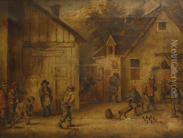 Figures Playing Boules Outside A Tavern Oil Painting - David The Younger Teniers