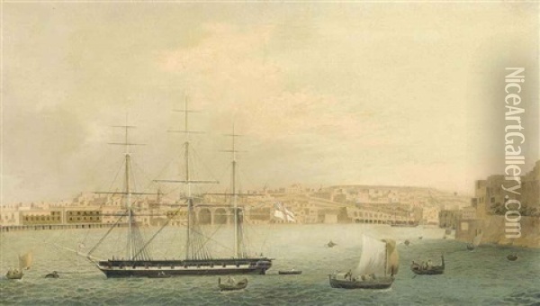 A Sixth Rate, Thought To Be H.m.s. Talbot, 28-guns, Lying On A Mooring In Grand Harbour, Valetta, Malta Oil Painting - Joseph Cartwright