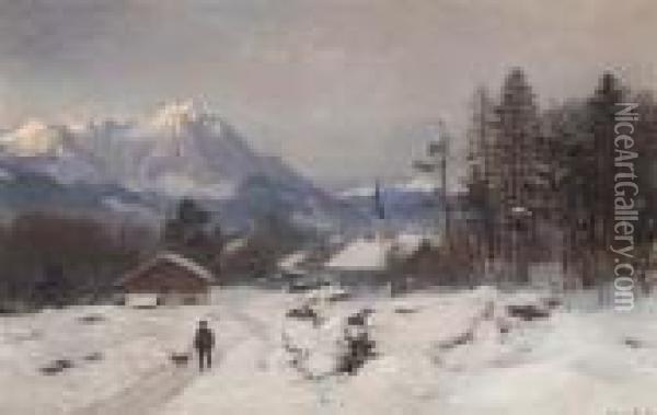 A Hunter At A Mountain Settlement Oil Painting - Anders Anderson-Lundby