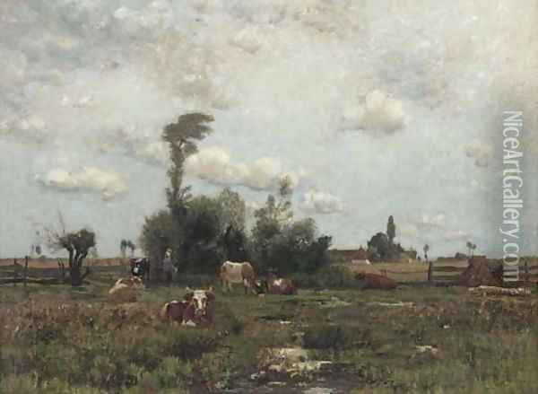 Cattle in a farm landscape Oil Painting - Barbizon School