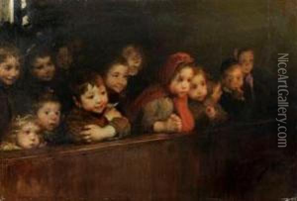 Sitzende Bauernkinder Auf Einer Kirchenbank Oil Painting - Wilhelm Frey