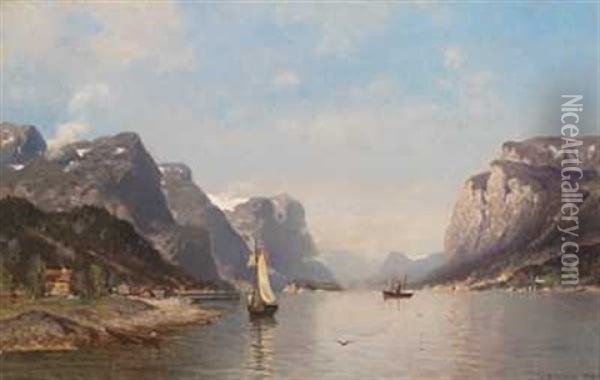 Batliv I Fjordlandskap Oil Painting - Morten Mueller