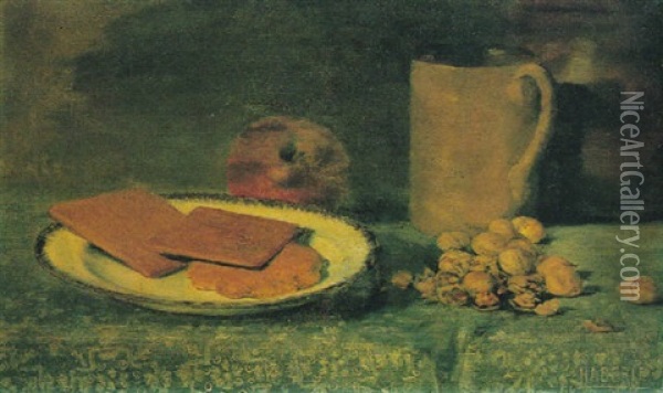 Still Life With Crackers, Nutsapple And Pitcher Oil Painting - John Haberle