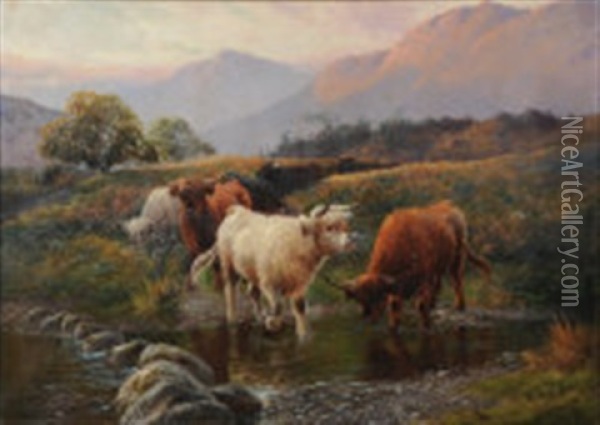 Highland Cattle Watering Oil Painting - Henry Robinson Hall