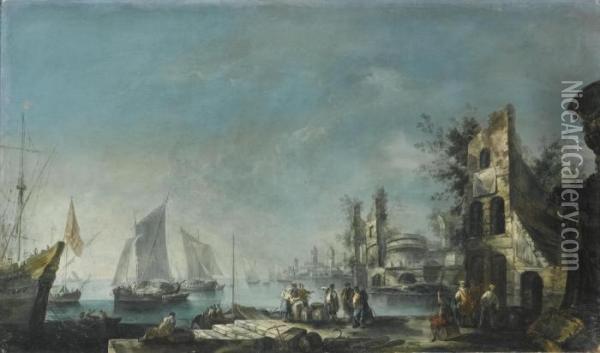 A Capriccio Harbour View With Figures Conversing And Ships At Anchor Oil Painting - Antonio, Tonino Stom