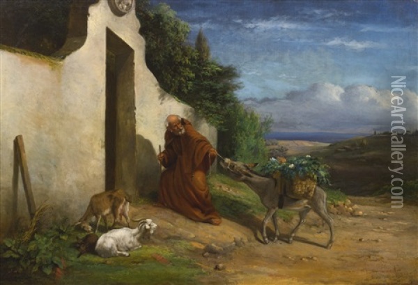 Monk Pulling Donkey Laden With Baskets Of Vegetables Oil Painting - William Holbrook Beard