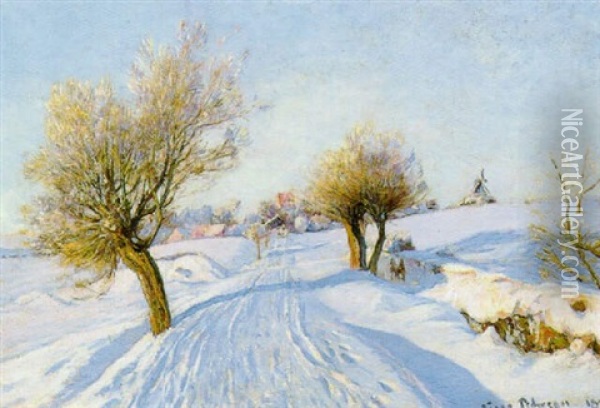 Vinterlandskab I Udkanten Af En By Oil Painting - Viggo Pedersen