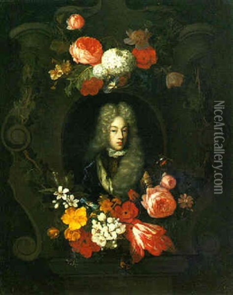 Portrait Of A Young Man Within A Cartouche Adorned With Flowers Oil Painting - Constantyn Netscher