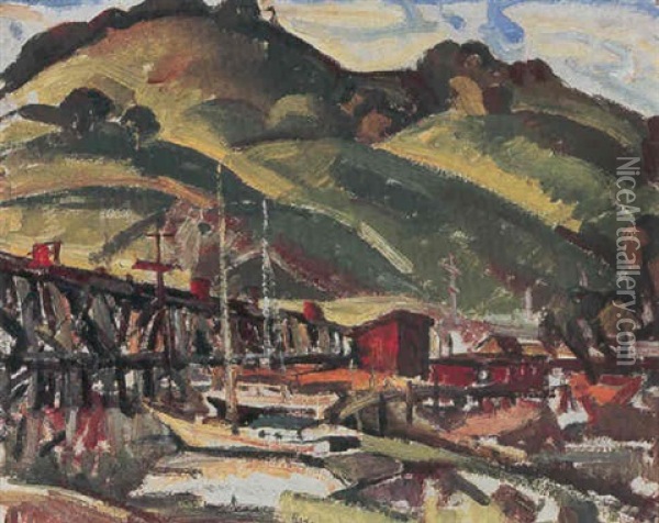 Boats Near A Bridge With Hills Beyond Oil Painting - Rinaldo Cuneo