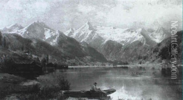 Bergsee Mit Einsamen Angler Im Vordergrund Oil Painting - Josef Schoyerer