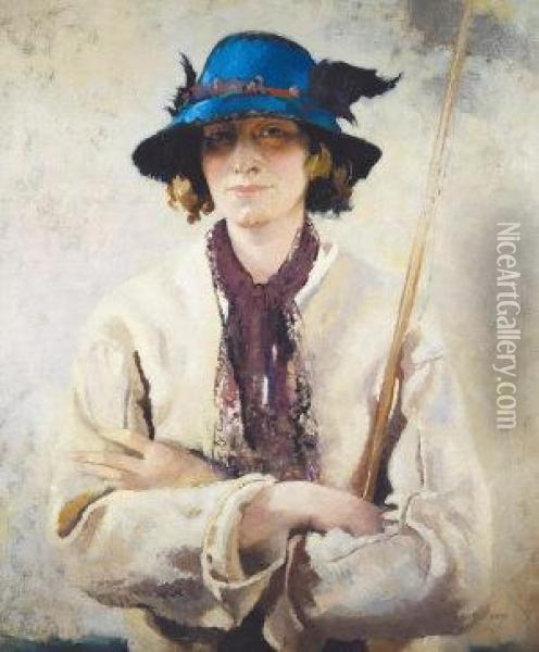 The Blue Hat, Portrait Of Vera Hone From The Angler Series Oil Painting - Sir William Newenham Montague Orpen