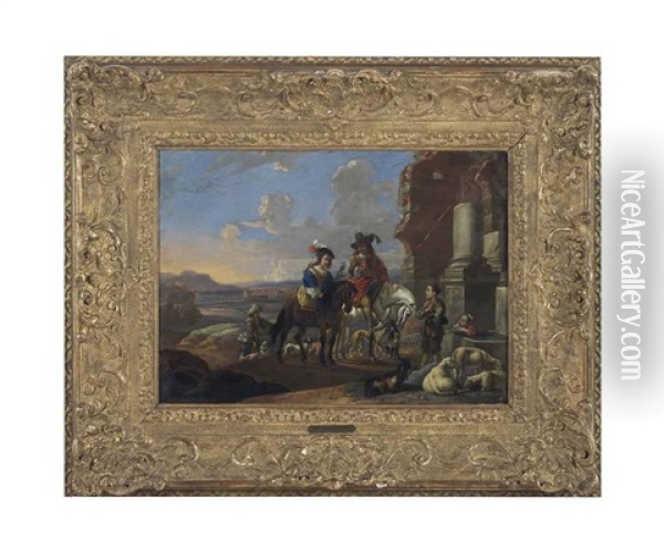 A Hawking Party Beside Classical Ruins Oil Painting - Antoon Goubau