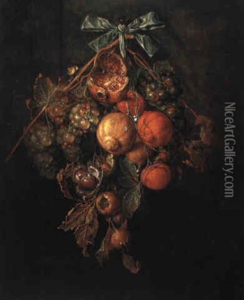 Trophee De Fruits Retenus Par Un Ruban Bleu Oil Painting - Cornelis De Heem