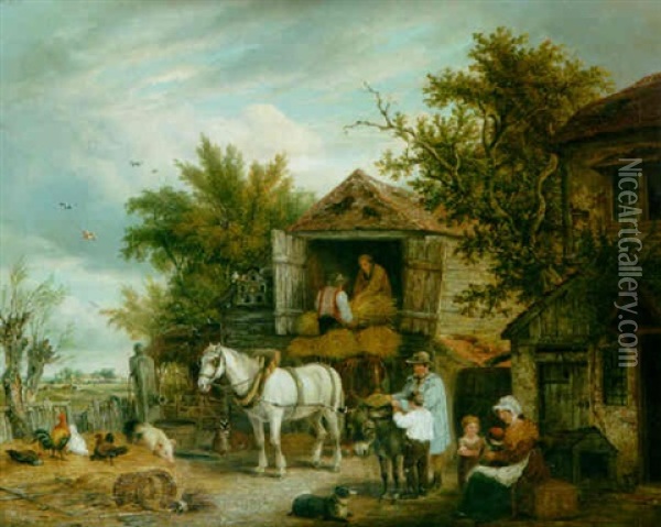 Loading The Hay Wagon In A Farmyard Oil Painting - Elias Childe