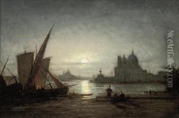 Fisherfolk Before Santa Maria Della Salute Under The Moon Oil Painting - Ludwig Mecklenburg