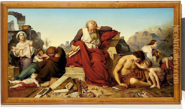 Jeremia Seated In The Ruins Of Jerusalem Oil Painting - Eduard Julius Fr. Bendemann