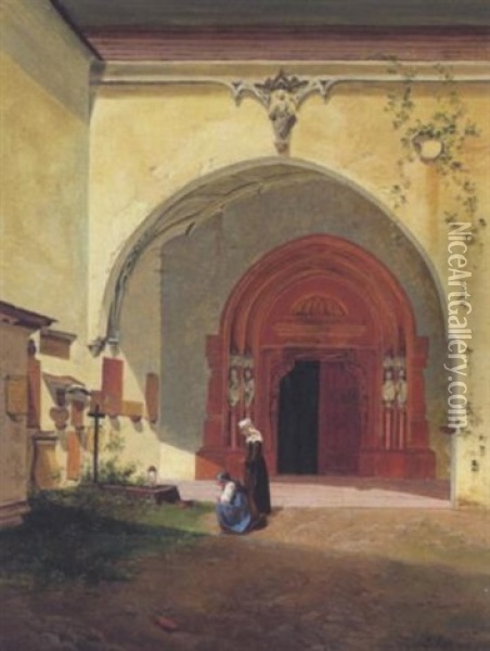 Blick Auf Das Eingangsportal Des Stiftes Nonnberg In Salzburg Oil Painting - Jacob Alt