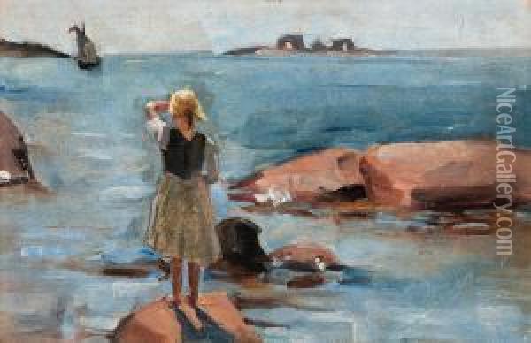 A Girl On The Cliffs In Hanko Oil Painting - Venny Soldan-Brofelt