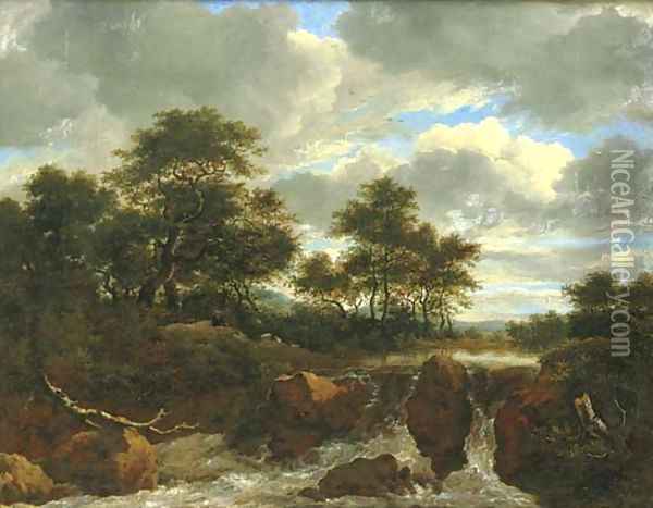 A wooded river landscape with a waterfall 2 Oil Painting - Jacob Van Ruisdael