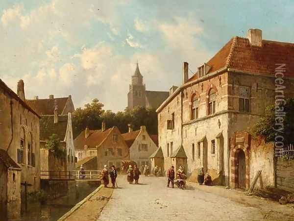 Figures Along a Canal in a Dutch Town Oil Painting - Adrianus Eversen