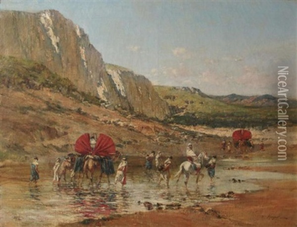 An Untitled Algerian Oasis Genre Scene Oil Painting - Victor Pierre Huguet