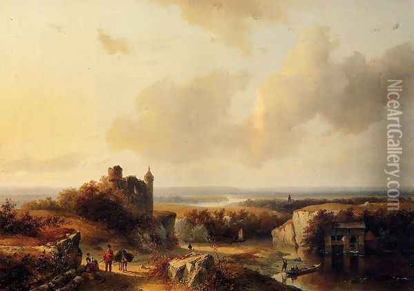 AnExtensive River Landscape With Travellers On A Path And A Castle In Ruins In The Distance Oil Painting - Barend Cornelis Koekkoek