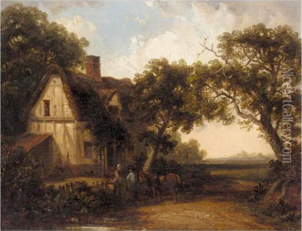 Cattle Drinking At A Stream By A Cottage; Two Peasants Talking By A Cottage Oil Painting - Thomas Smythe