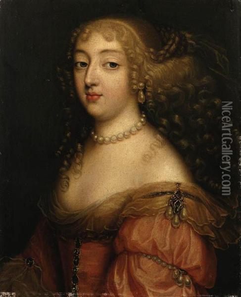 Portrait Of A Lady, Said To Be Laura Mancini, Duchesse De Mrceur,bust Length, In A Red Dress, With A Pearl Necklace Andearrings Oil Painting - Louis Ferdinand (the Elder) Elle