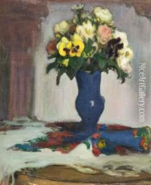 Bouquet De Fleurs Au Vase Bleu Oil Painting - Wladyslaw Slewinski