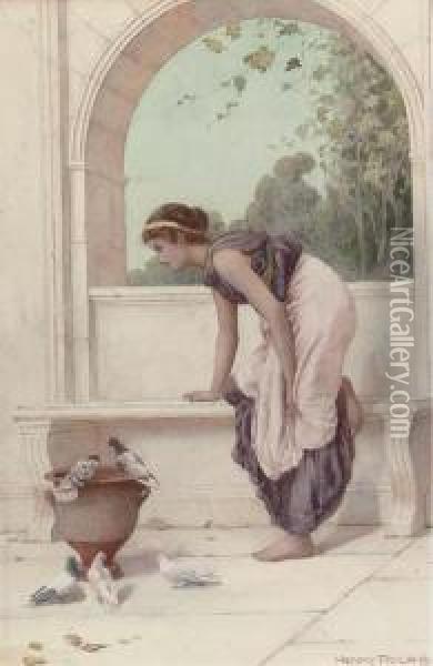 A Classical Maiden On A Terrace With Doves And Pigeons Oil Painting - Henry Ryland