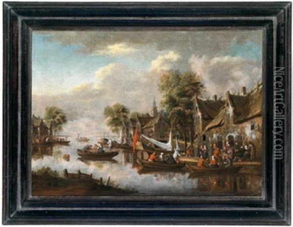 Dorf An Einem Fluss Mit Vielen Booten Und Figuren Oil Painting - Thomas Heeremans