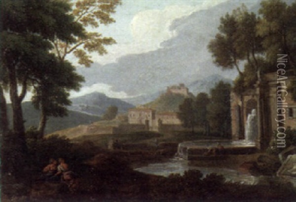 An Italianate Landscape With A Fountain And Philosophers Resting In The Foreground Oil Painting - Jan Frans van Bloemen