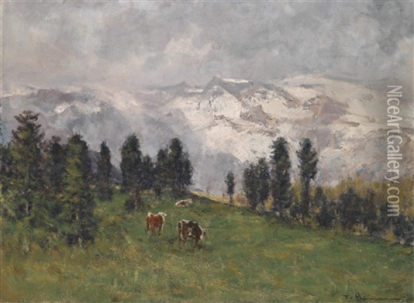 Alm Mit Drei Kuhen Oil Painting - Theodore von Ehrmanns