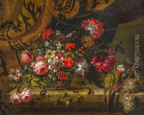 Corbeille De Fleurs Et Perroquet Sur Un Entablement Oil Painting - Antoine Monnoyer