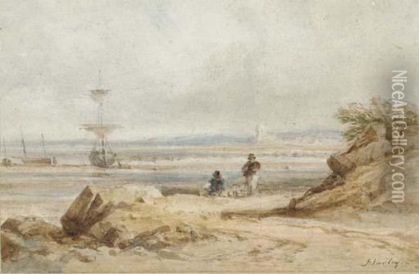 A Coastal Scene With Fisherfolk And Beached Vessels Beyond Oil Painting - John Varley