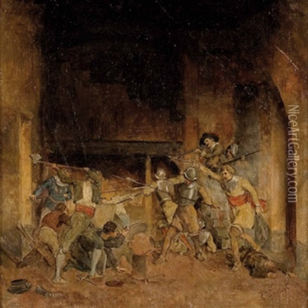 Kampferische Auseinandersetzung In Einem Rittersaal Oil Painting - Carl Probst