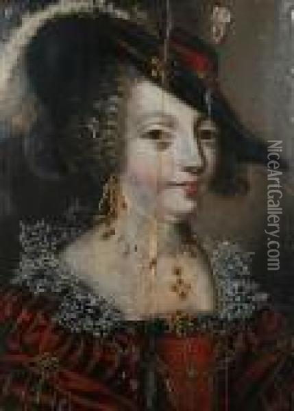 Portrait Of A Lady, Bust Length, In A Red Dress With Lace Collar And Feathered Red Hat Oil Painting - Daniel Dumonstier