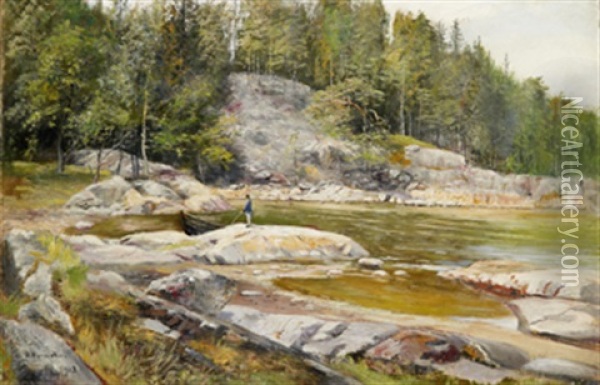 Sommarlandskap, Man Vid Roddbat Oil Painting - Olof Hermelin