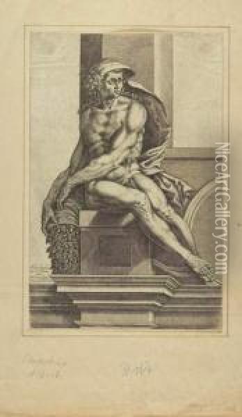 Sitzender Mannlicher Akt Nach Michelangelo. Oil Painting - Cherubino Alberti