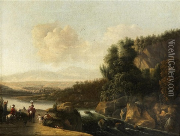 An Extensive River Landscape With Figures Before A Waterfall Oil Painting - Willem Schellinks