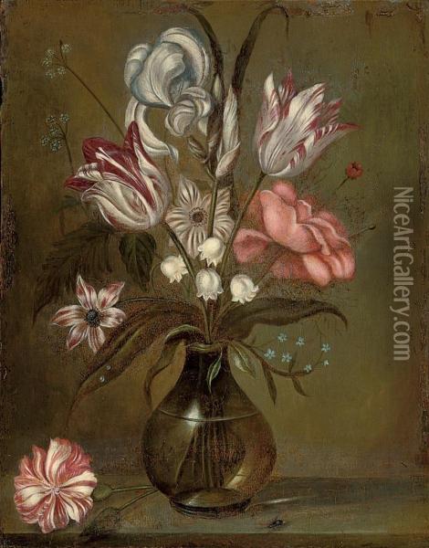 Parrot Tulips, A Rose, Irises And Other Flowers In A Glass Vase On A Stone Ledge Oil Painting - Jacob Marrel